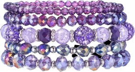 5Pcs Beaded Bracelets for Women, Bohemian Glass Faceted Crystal Beads Bracelet, Stackable Boho Disco Ball Stretch Bracelets, Multilayered Purple Jewelry Gift for Women, Mother's Day