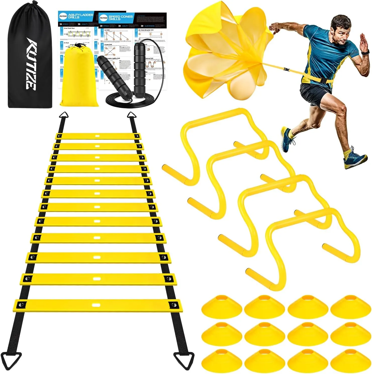 Agility Training Equipment, Soccer Training Equipment, Agility Speed Training Set for Kid Youth Adults, 20FT Agility Ladder, 4 Hurdles,12 Soccer Cones, Jump Rope, Running Parachute, Drill Charts