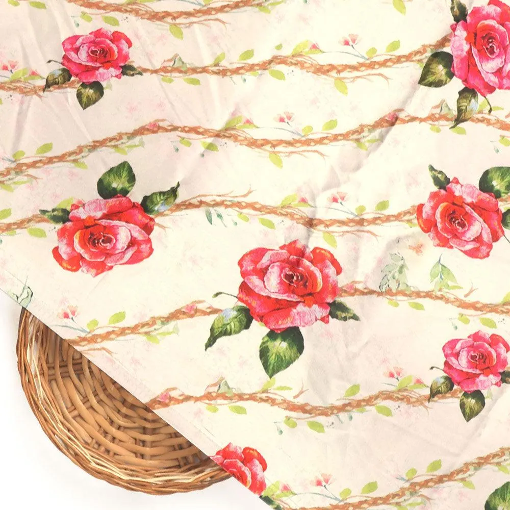 Autumnal Red Roses With Leaves Digital Printed Fabric - Japan Satin