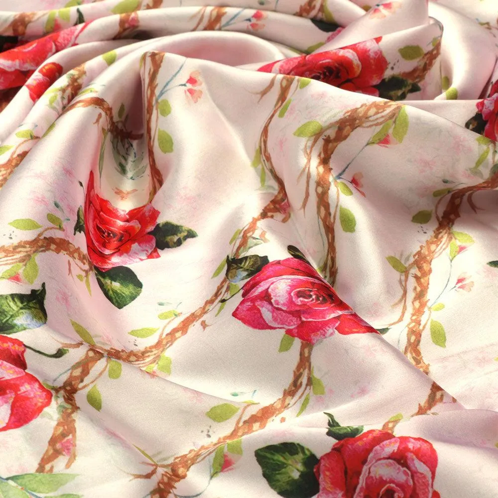 Autumnal Red Roses With Leaves Digital Printed Fabric - Japan Satin