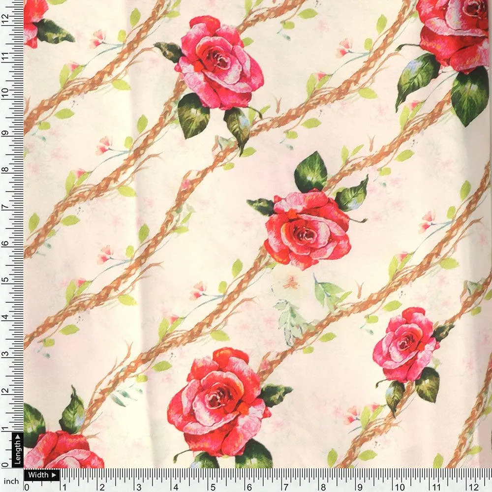 Autumnal Red Roses With Leaves Digital Printed Fabric - Japan Satin