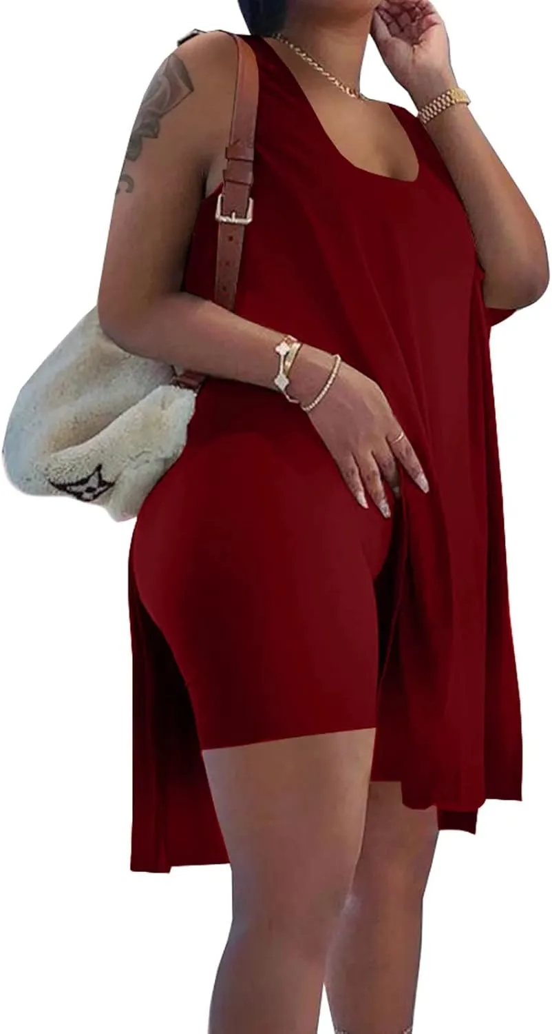 AXOSY Women's Plus Size 2 Piece Outfits Sleeveless Tunic Tops and Bodycon Biker Shorts Sets Tracksuits