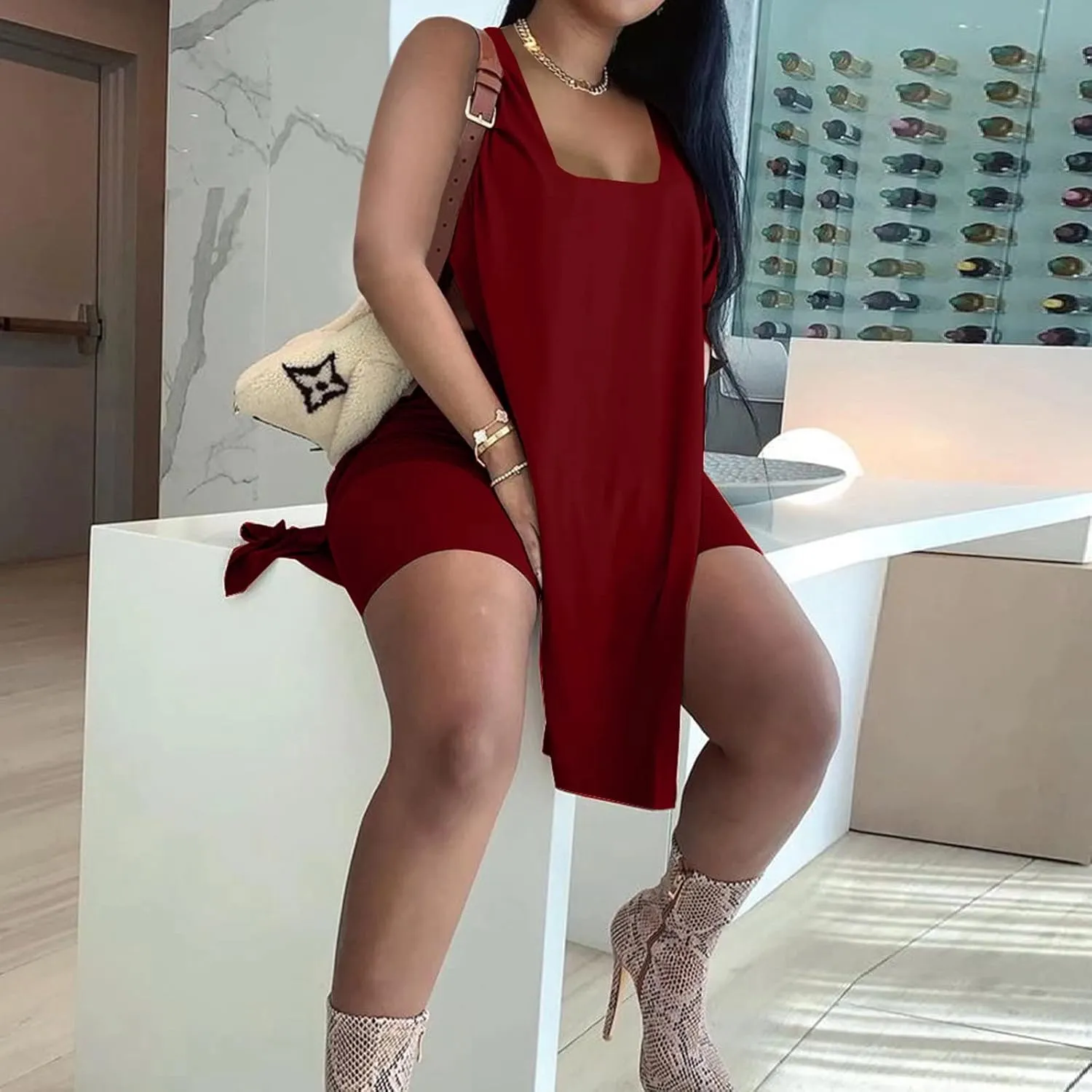 AXOSY Women's Plus Size 2 Piece Outfits Sleeveless Tunic Tops and Bodycon Biker Shorts Sets Tracksuits