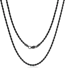 Black Chains for Men, Stainless Steel Rope Chain Necklace for Men and Women, Twist Mens Necklace, 2.5mm 3mm 4mm 5mm Wide