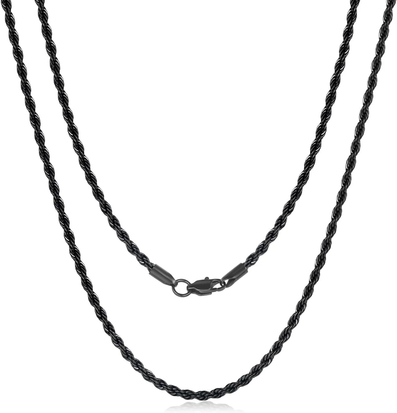 Black Chains for Men, Stainless Steel Rope Chain Necklace for Men and Women, Twist Mens Necklace, 2.5mm 3mm 4mm 5mm Wide