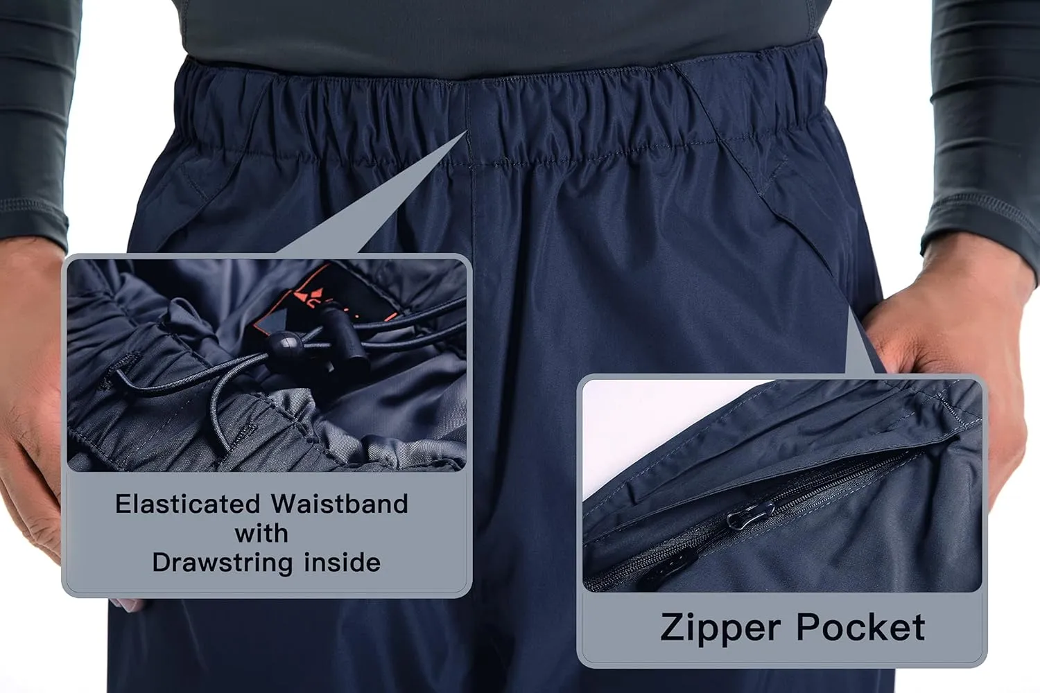 clothin Men's Waterproof Rain Pants Elastic Waist Drawstring Insulated Ski Pants with Zipper Pockets