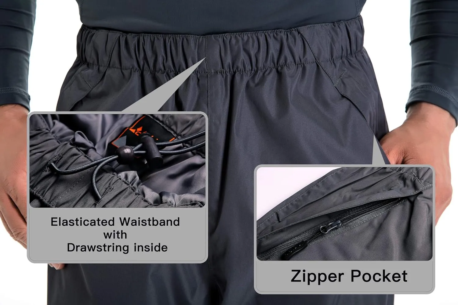 clothin Men's Waterproof Rain Pants Elastic Waist Drawstring Insulated Ski Pants with Zipper Pockets