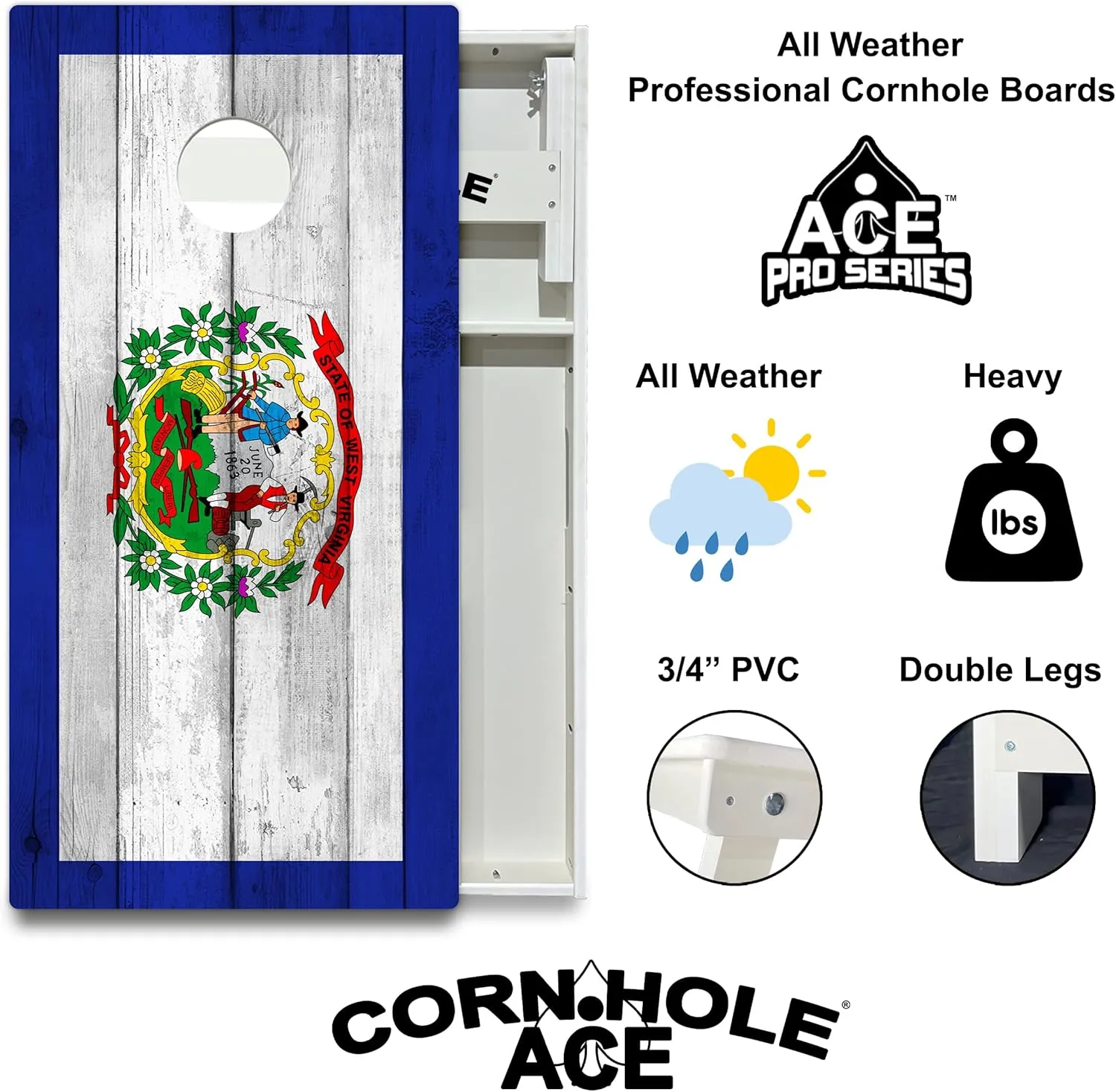 CornholeAce State Flag Series All Weather Pro Cornhole Board Set - Waterproof 4x2 Regulation Size, Made in USA, Triple Wide Legs, 3/4" PVC, Tournament Boards, & Outdoor Ready (2 Boards)