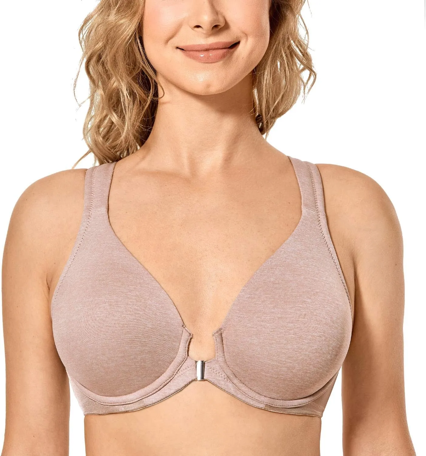 DELIMIRA Women's Front Closure Racerback Bras Plunge Unlined Underwire Full Coverage Seamless Bra B-H Cups