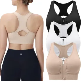 Evercute Women's Zip Front Sports Bras Wireless Padded Racerback Medium Support Post-Surgery Bra Yoga Exercise Athletic Bras