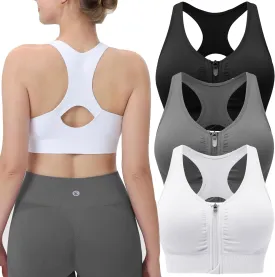 Evercute Women's Zip Front Sports Bras Wireless Padded Racerback Medium Support Post-Surgery Bra Yoga Exercise Athletic Bras