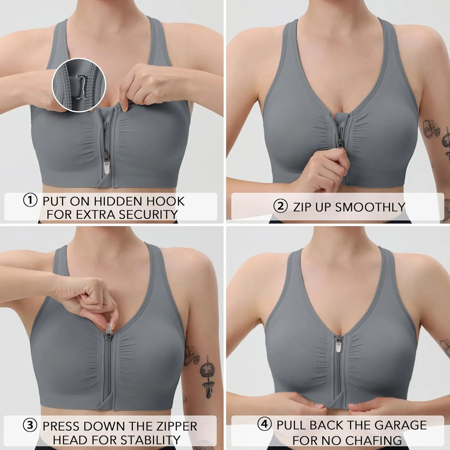 Evercute Women's Zip Front Sports Bras Wireless Padded Racerback Medium Support Post-Surgery Bra Yoga Exercise Athletic Bras