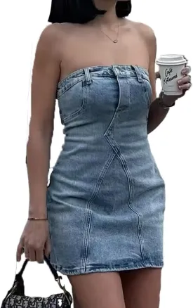Fronage Women's Sexy Jeans Denim Strapless Dresses Bodycon Corset Tube Mini Dress