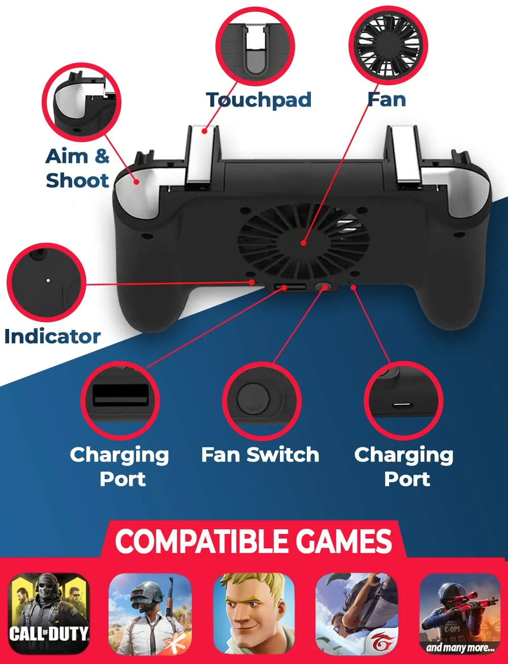 GAMR  Mobile Game Controller and Gamepad for PUBG/Fortnite/Knives Out/Rules of Survival for iPhone iOS/AndroidUpgraded Version (2000mAh)