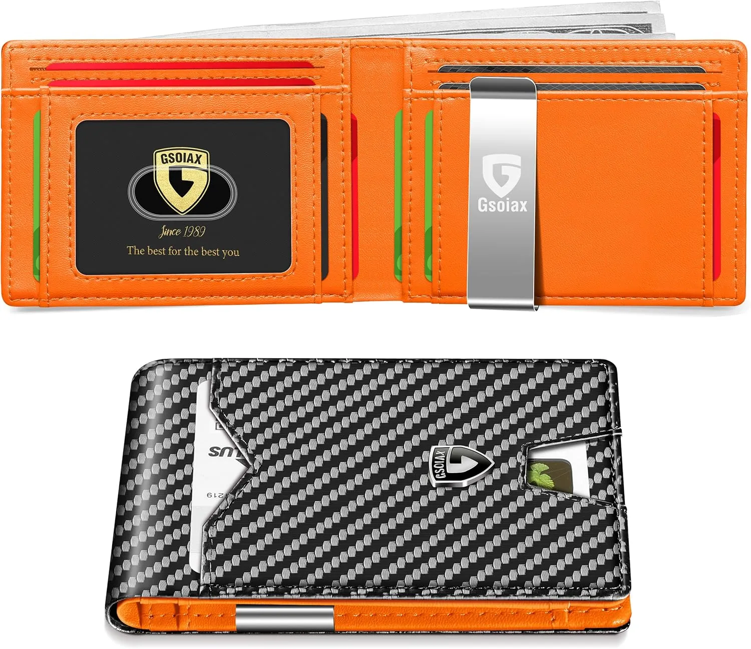 GSOIAX Mens Slim Wallet for Men Minimalist Genuine Leather Carbon Fiber Rfid Blocking Bifold Credit Card Holder With Gift Box (Carbon and Orange -money clip)