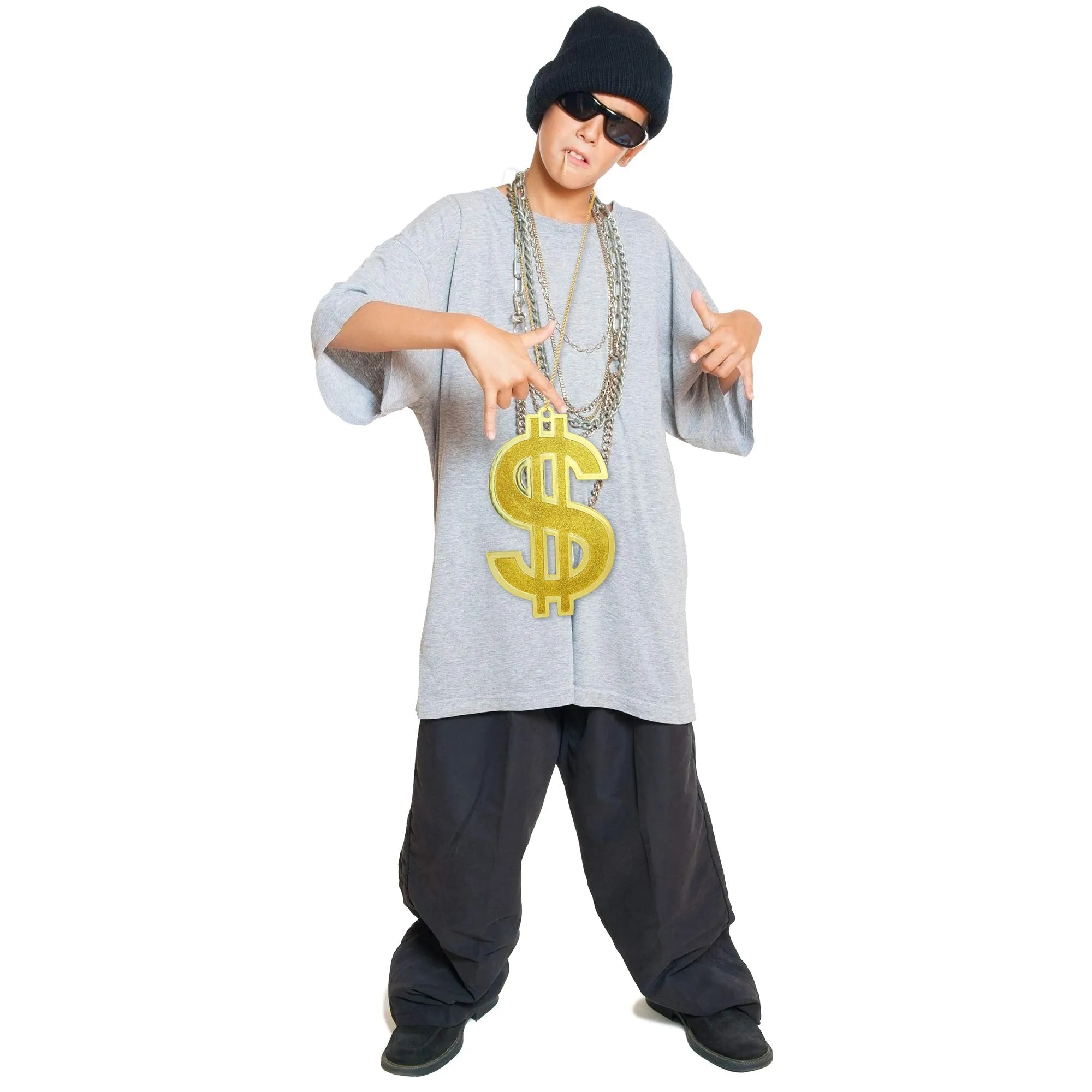 Hip Hop Gold Necklace - Rapper Dollar Sign Medallion Gangster Golden Chain Costume Bling Jewelry
