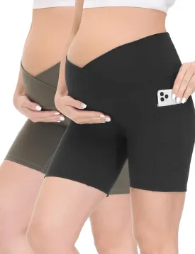 HOFISH Maternity Shorts for Women Over The Belly Pregancy Biker Shorts Workout Active Running Short Pants with Pockets
