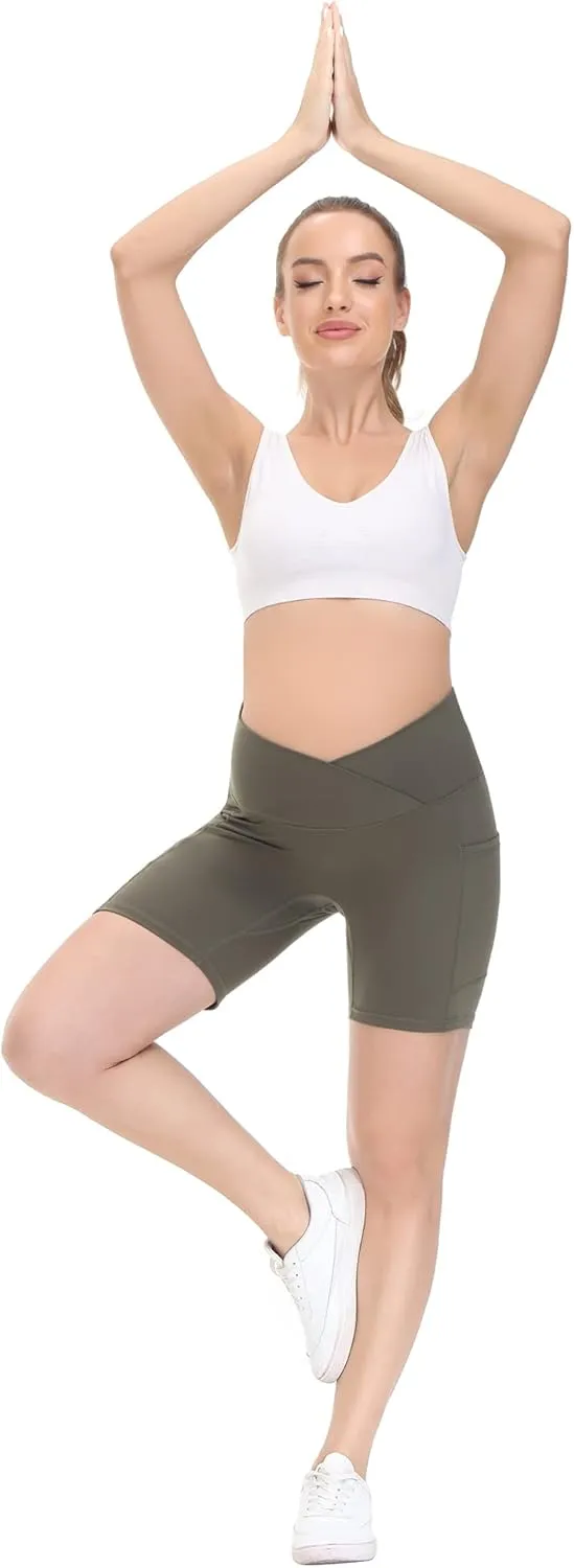 HOFISH Maternity Shorts for Women Over The Belly Pregancy Biker Shorts Workout Active Running Short Pants with Pockets