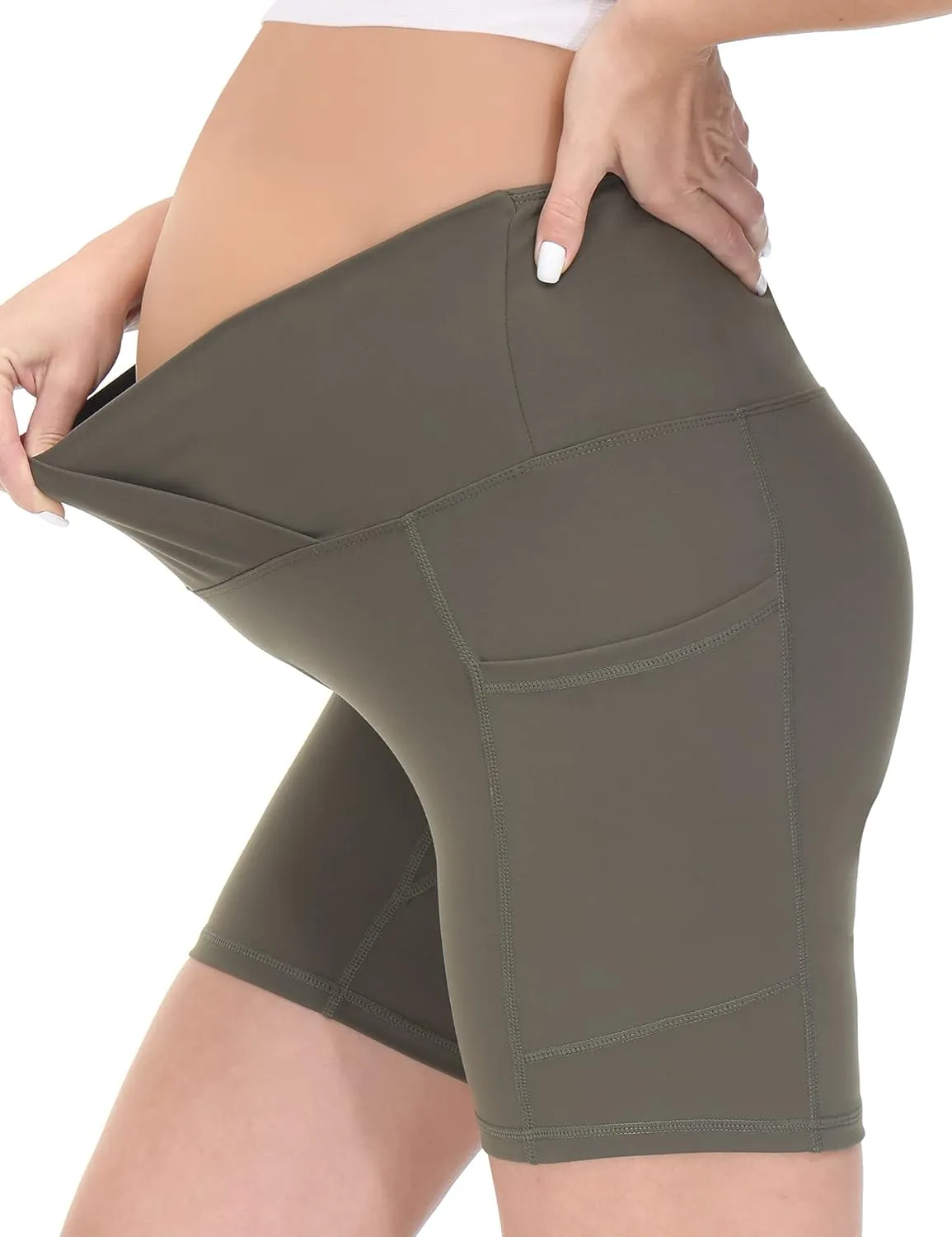 HOFISH Maternity Shorts for Women Over The Belly Pregancy Biker Shorts Workout Active Running Short Pants with Pockets