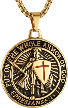 HZMAN Knights Templar Put On The Whole Armor of God Ephesians 6:13-17 Red Cross Design Stainless Steel Necklace for Men