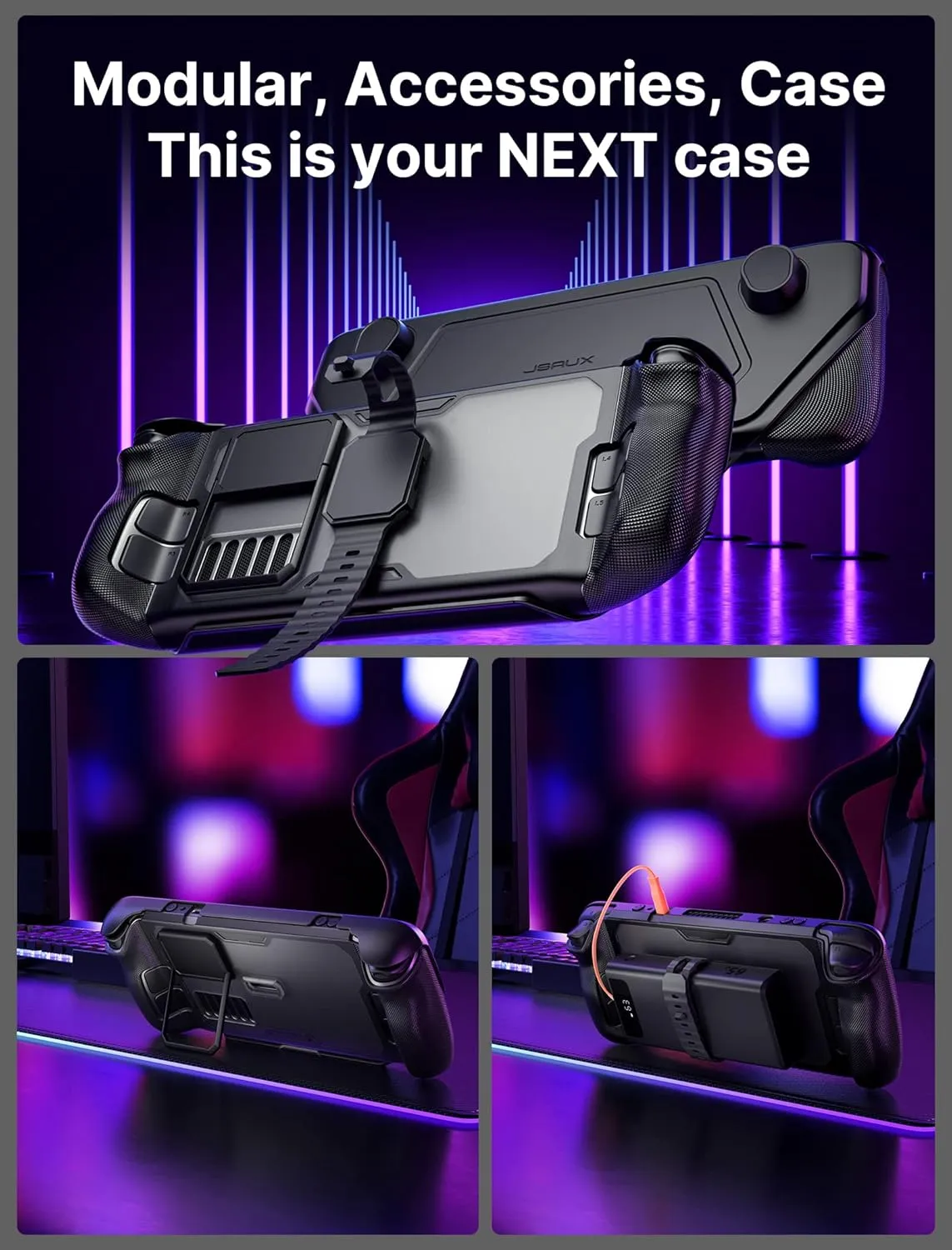 JSAUX ModCase for Steam Deck, PC0104 Modular Steam Deck Case with PB6501 20000mAh Power Bank Valve Steam Deck Accessories Include Back Case, Face Cover, Power Bank, Metal Bracket, Strap-Power Bank Set