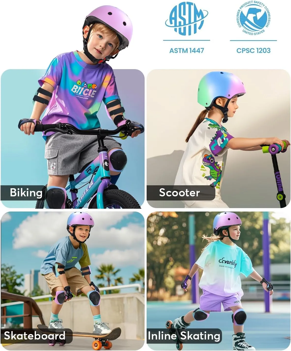 Kids Bike Helmet with Sports Protective Gear Set Knee Elbow Pads Wrist Pads for Bike Skateboard Skating Scooter Rollerblading, Adjustable and Ventilation Helmet Set