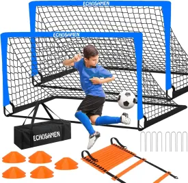 Kids Soccer Goals for Backyard, 2 of 6 x 4 ft Kids Soccer Goal Set Soccer Net with 10 Soccer Cones, Agility Ladder & Carry Bag, Portable Soccer Training Equipment.