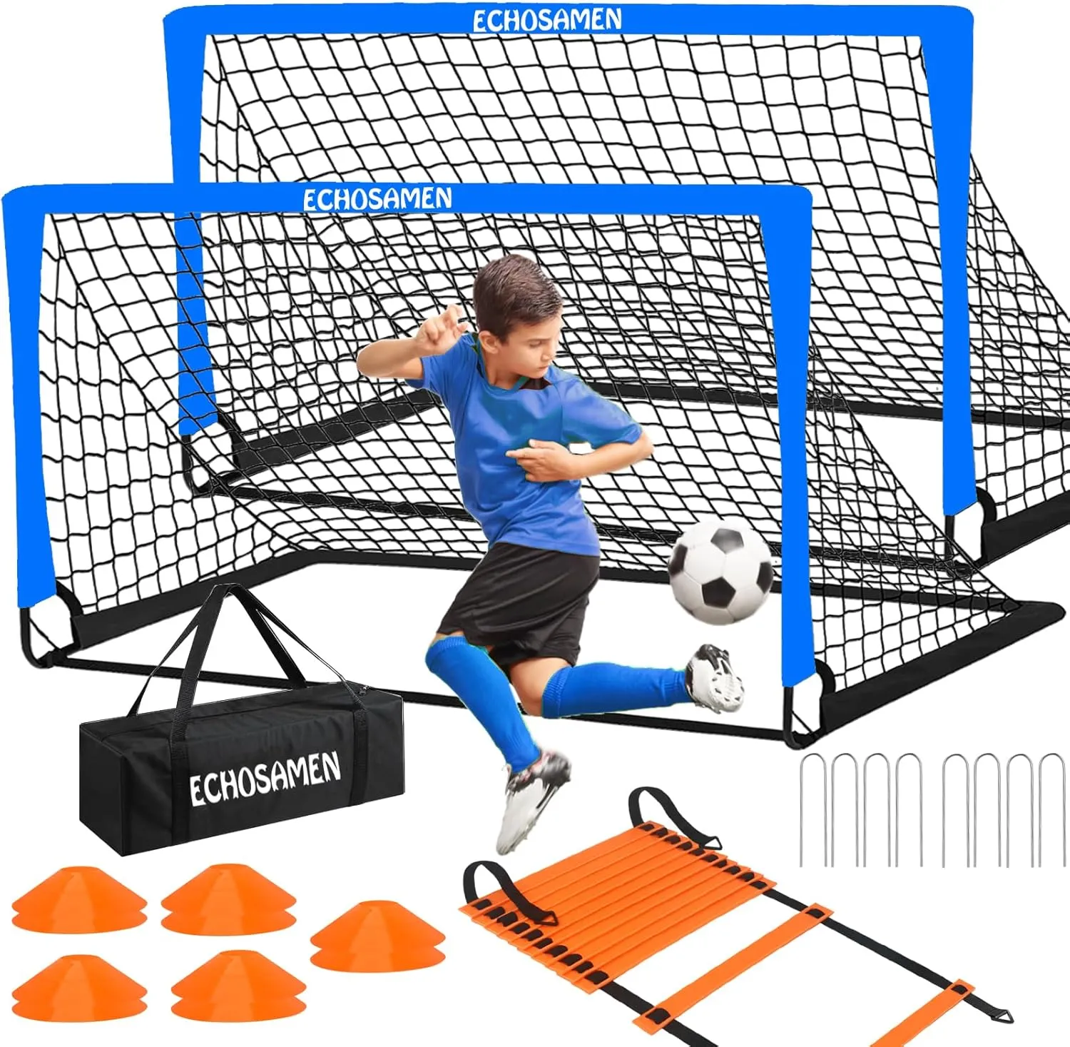 Kids Soccer Goals for Backyard, 2 of 6 x 4 ft Kids Soccer Goal Set Soccer Net with 10 Soccer Cones, Agility Ladder & Carry Bag, Portable Soccer Training Equipment.