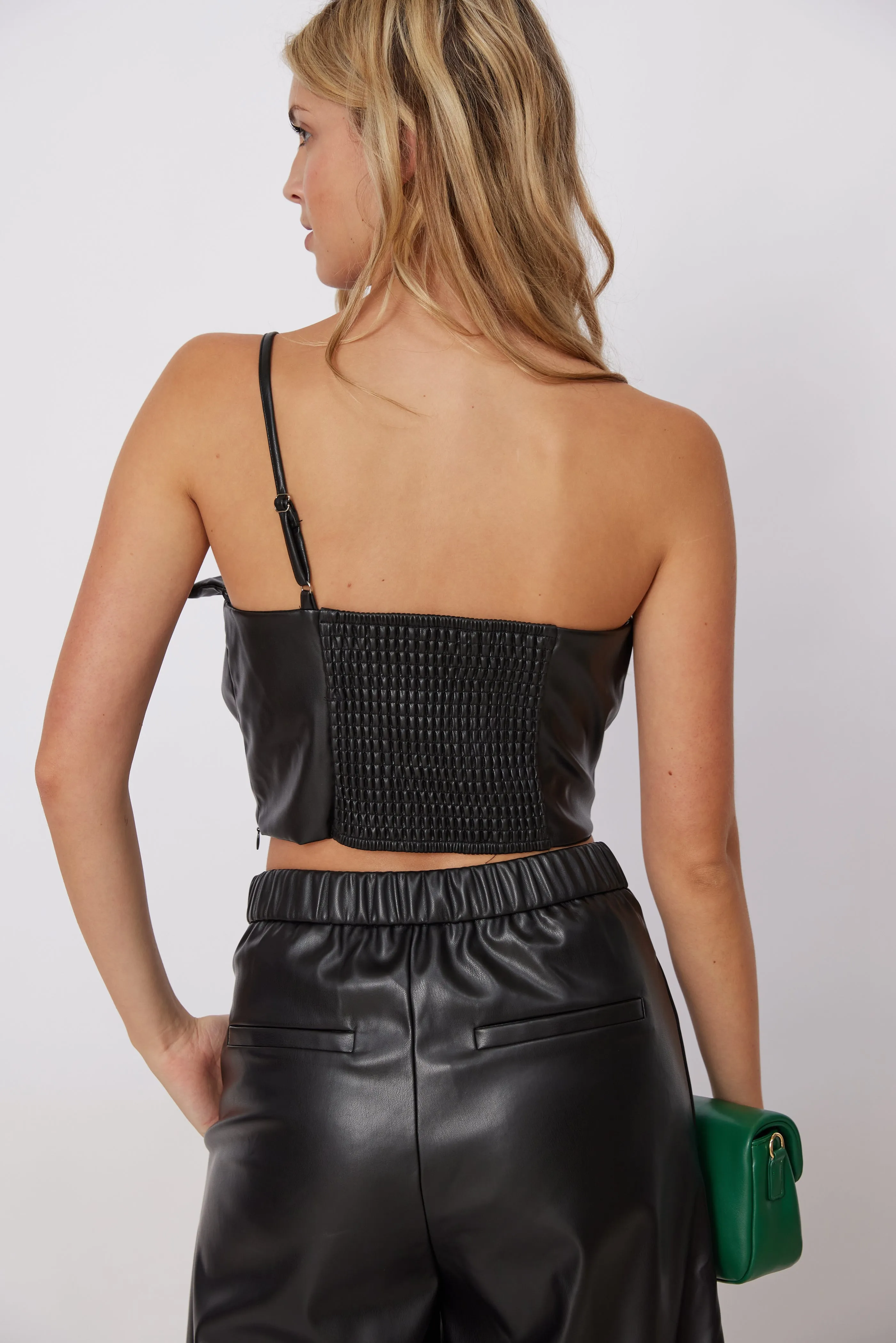 Kirby One Shoulder Faux Leather Crop Top