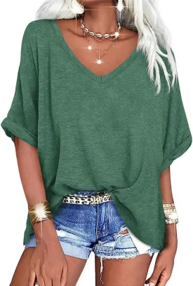 Langwyqu Women's Oversized T Shirts V Neck Short Sleeve Summer Casual Loose Tops Tees