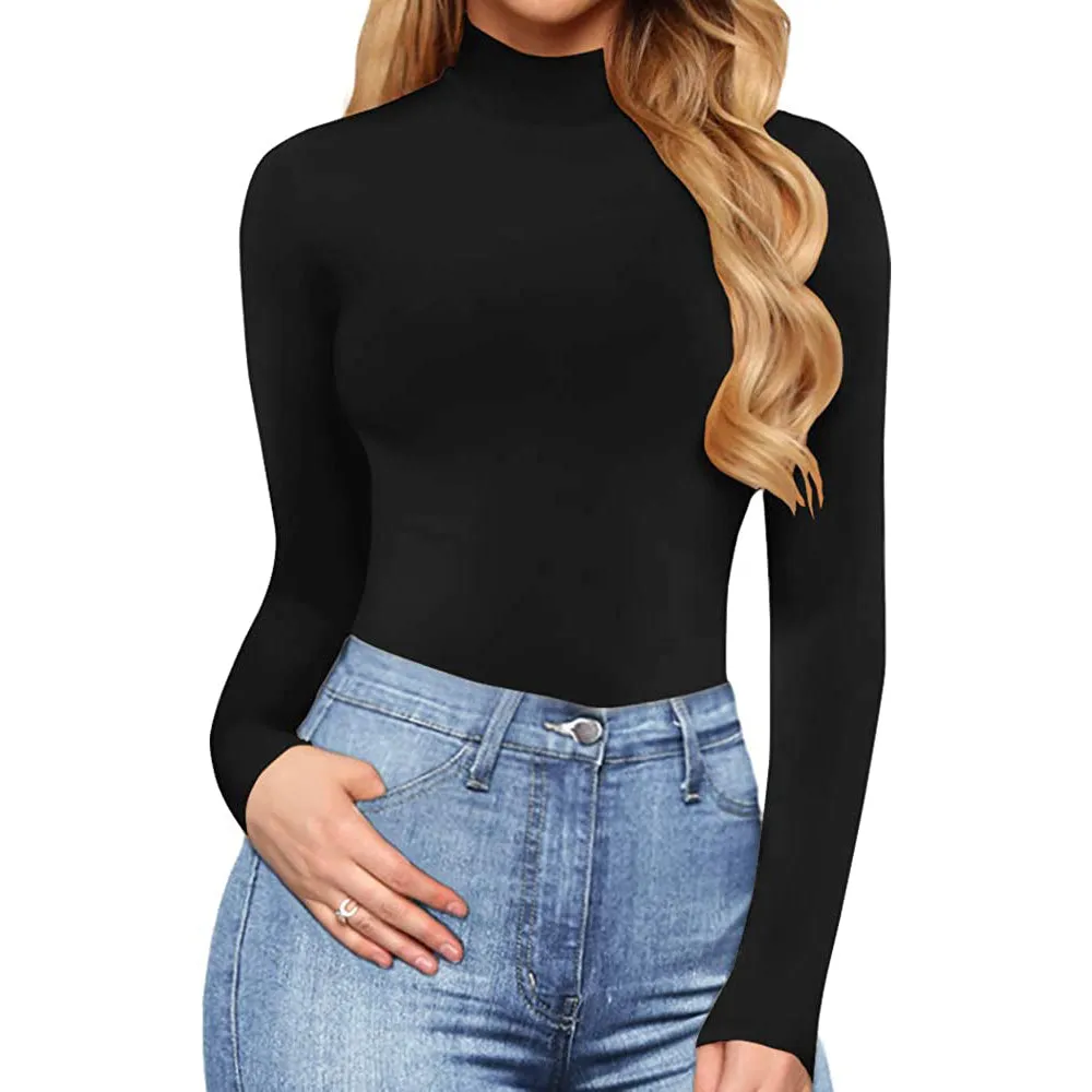 MANGOPOP Women's Mock Turtle Neck Long Sleeve Tops Bodysuit Jumpsuit