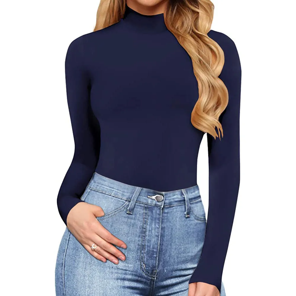 MANGOPOP Women's Mock Turtle Neck Long Sleeve Tops Bodysuit Jumpsuit