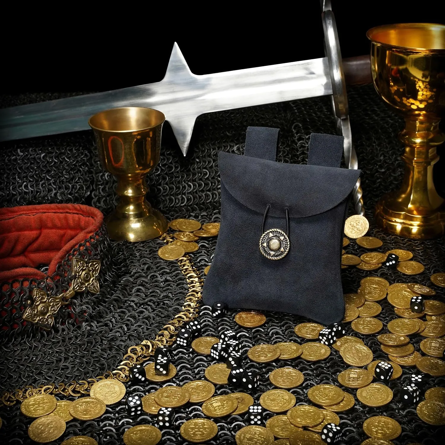 Medieval Belt Bag Renaissance Suede Jewelry Belt Pouch LARP Costume Waist Bag Cosplay Costume Accessories - Midnight Navy Blue, 5.5 x 5.1