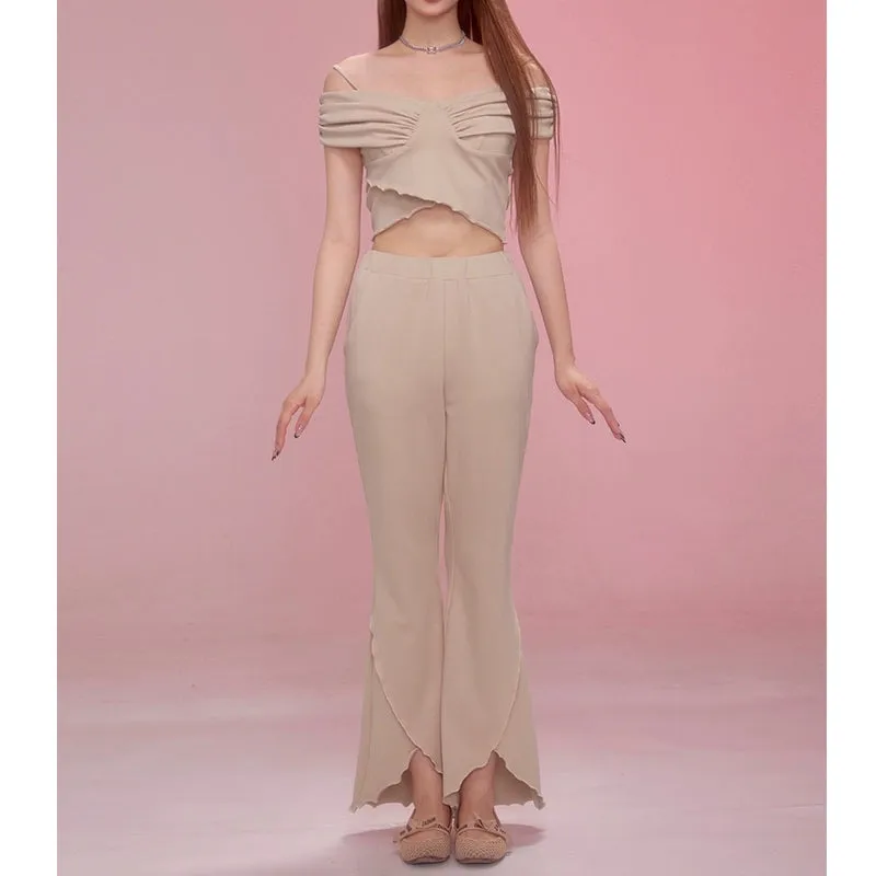 One Shoulder Halter Top Split Flare Pants Set【s0000006600】