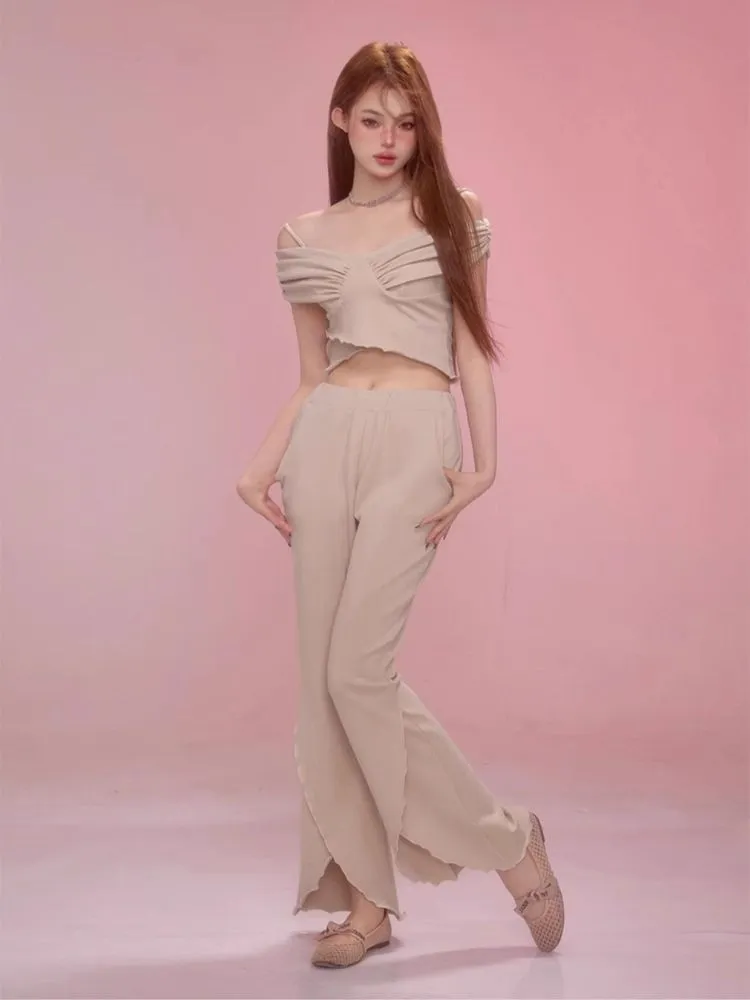 One Shoulder Halter Top Split Flare Pants Set【s0000006600】