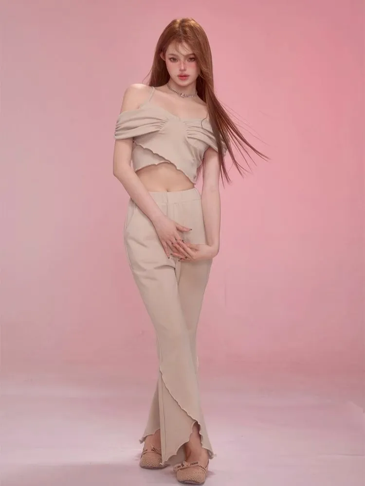 One Shoulder Halter Top Split Flare Pants Set【s0000006600】