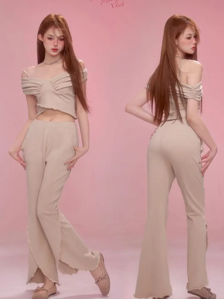 One Shoulder Halter Top Split Flare Pants Set【s0000006600】