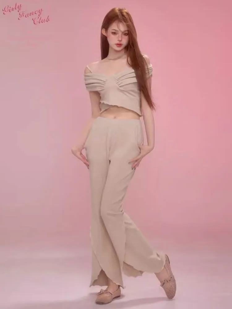 One Shoulder Halter Top Split Flare Pants Set【s0000006600】