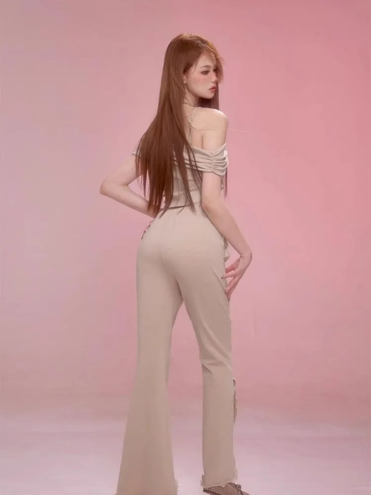 One Shoulder Halter Top Split Flare Pants Set【s0000006600】
