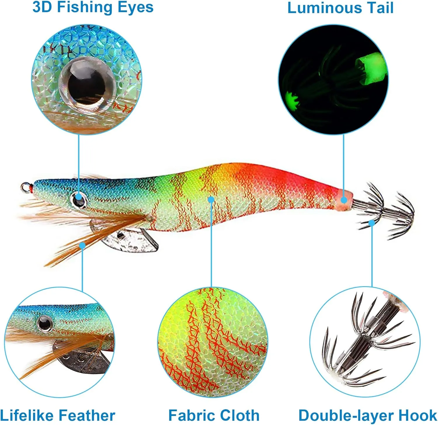 OROOTL Squid Jigs Saltwater Fishing Lures, 5pcs Luminous Squid Jig Hooks Kit Glow in The Dark Cuttlefish Sleeve Jigs Fluorescent Shrimp Lures Set for Octopus Fishing
