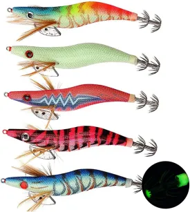 OROOTL Squid Jigs Saltwater Fishing Lures, 5pcs Luminous Squid Jig Hooks Kit Glow in The Dark Cuttlefish Sleeve Jigs Fluorescent Shrimp Lures Set for Octopus Fishing