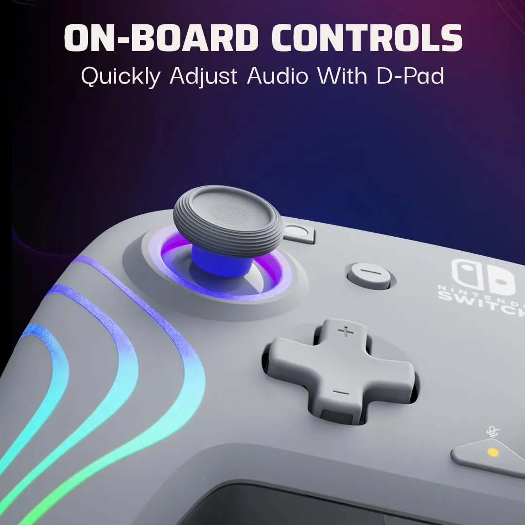PDP Afterglow Wave Enhanced Wired Nintendo Switch Pro Controller, 8 Colors RGB LED, Dual Programmable Gaming Buttons, Volume Control, 3.5mm headphone jack, Officially Licensed by Nintendo, Grey