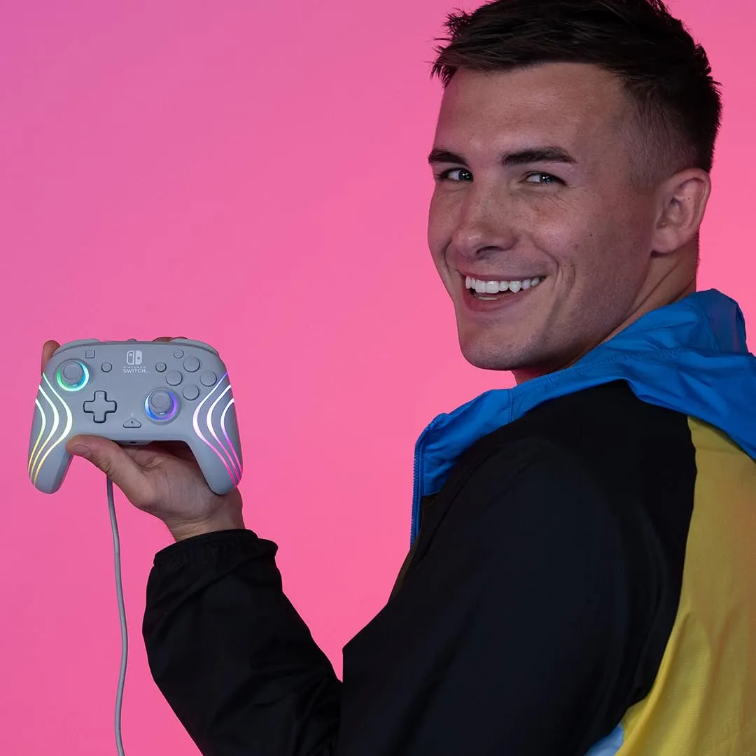 PDP Afterglow Wave Enhanced Wired Nintendo Switch Pro Controller, 8 Colors RGB LED, Dual Programmable Gaming Buttons, Volume Control, 3.5mm headphone jack, Officially Licensed by Nintendo, Grey