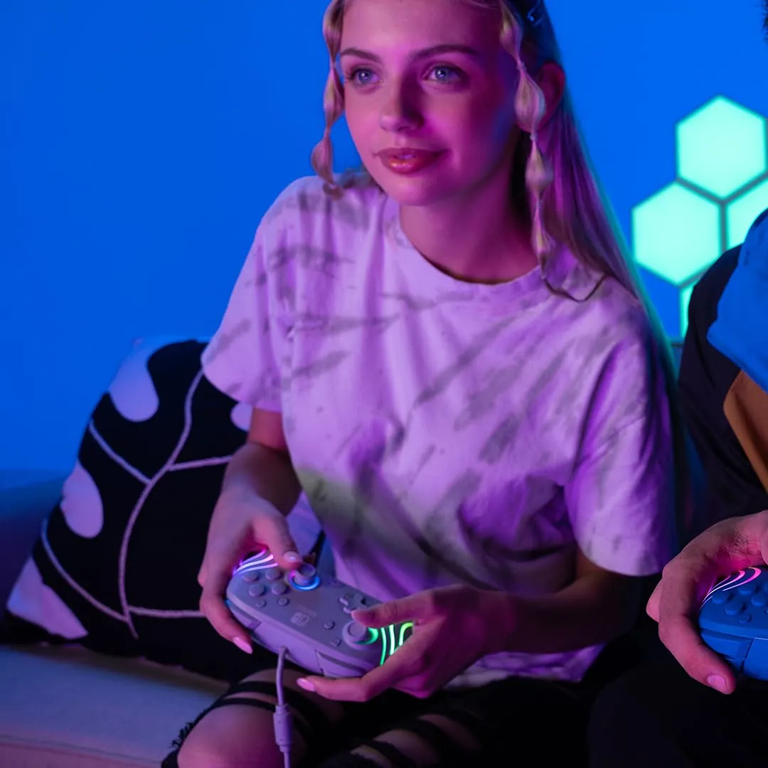 PDP Afterglow Wave Enhanced Wired Nintendo Switch Pro Controller, 8 Colors RGB LED, Dual Programmable Gaming Buttons, Volume Control, 3.5mm headphone jack, Officially Licensed by Nintendo, Grey