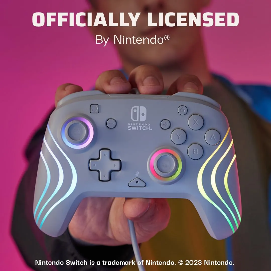 PDP Afterglow Wave Enhanced Wired Nintendo Switch Pro Controller, 8 Colors RGB LED, Dual Programmable Gaming Buttons, Volume Control, 3.5mm headphone jack, Officially Licensed by Nintendo, Grey