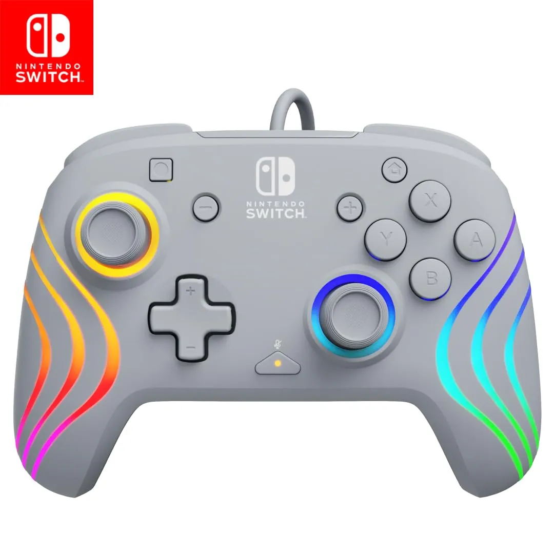 PDP Afterglow Wave Enhanced Wired Nintendo Switch Pro Controller, 8 Colors RGB LED, Dual Programmable Gaming Buttons, Volume Control, 3.5mm headphone jack, Officially Licensed by Nintendo, Grey
