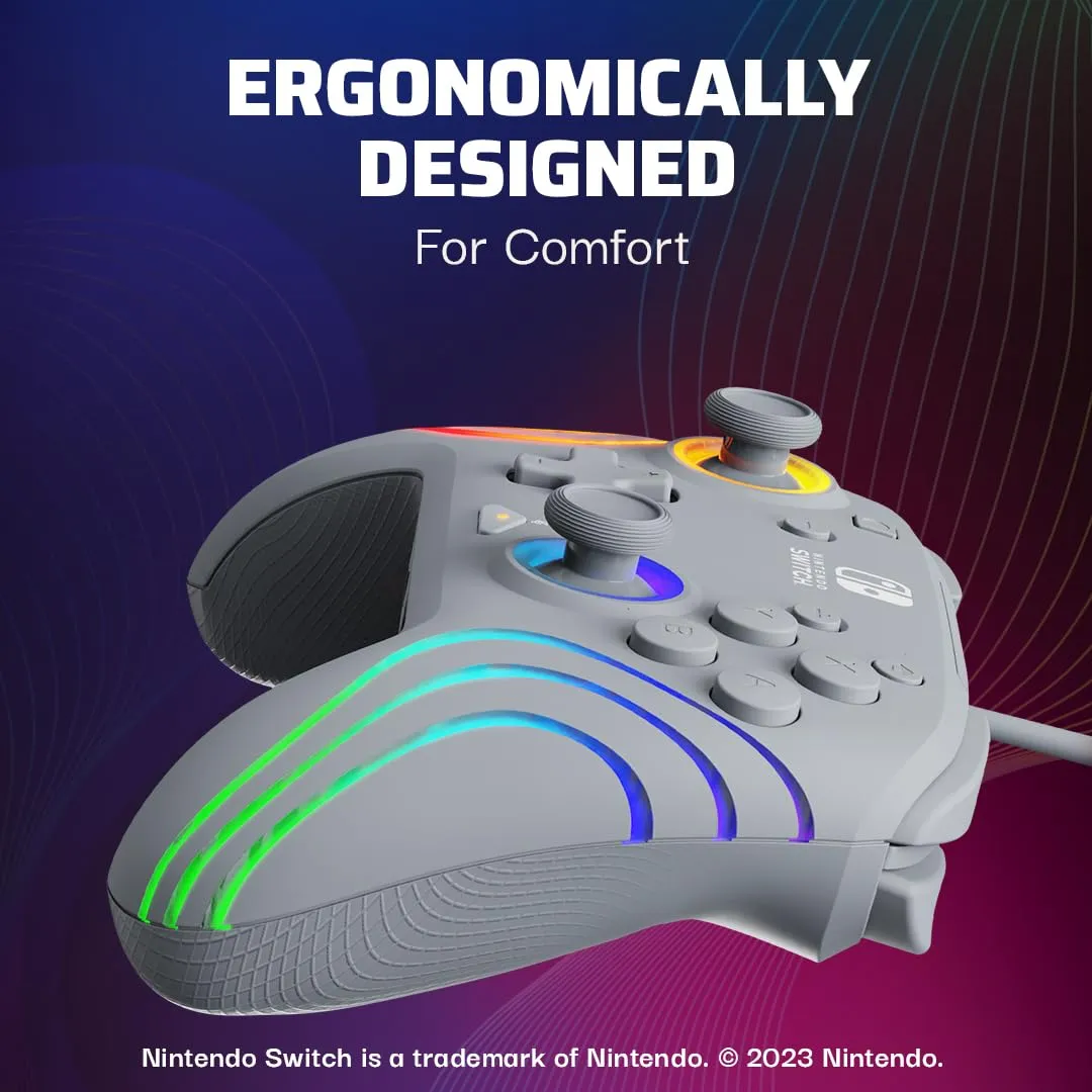 PDP Afterglow Wave Enhanced Wired Nintendo Switch Pro Controller, 8 Colors RGB LED, Dual Programmable Gaming Buttons, Volume Control, 3.5mm headphone jack, Officially Licensed by Nintendo, Grey
