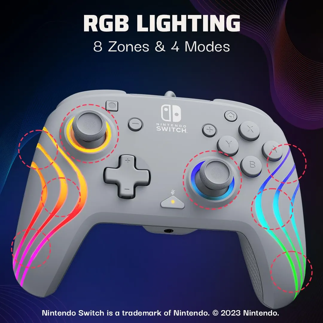 PDP Afterglow Wave Enhanced Wired Nintendo Switch Pro Controller, 8 Colors RGB LED, Dual Programmable Gaming Buttons, Volume Control, 3.5mm headphone jack, Officially Licensed by Nintendo, Grey