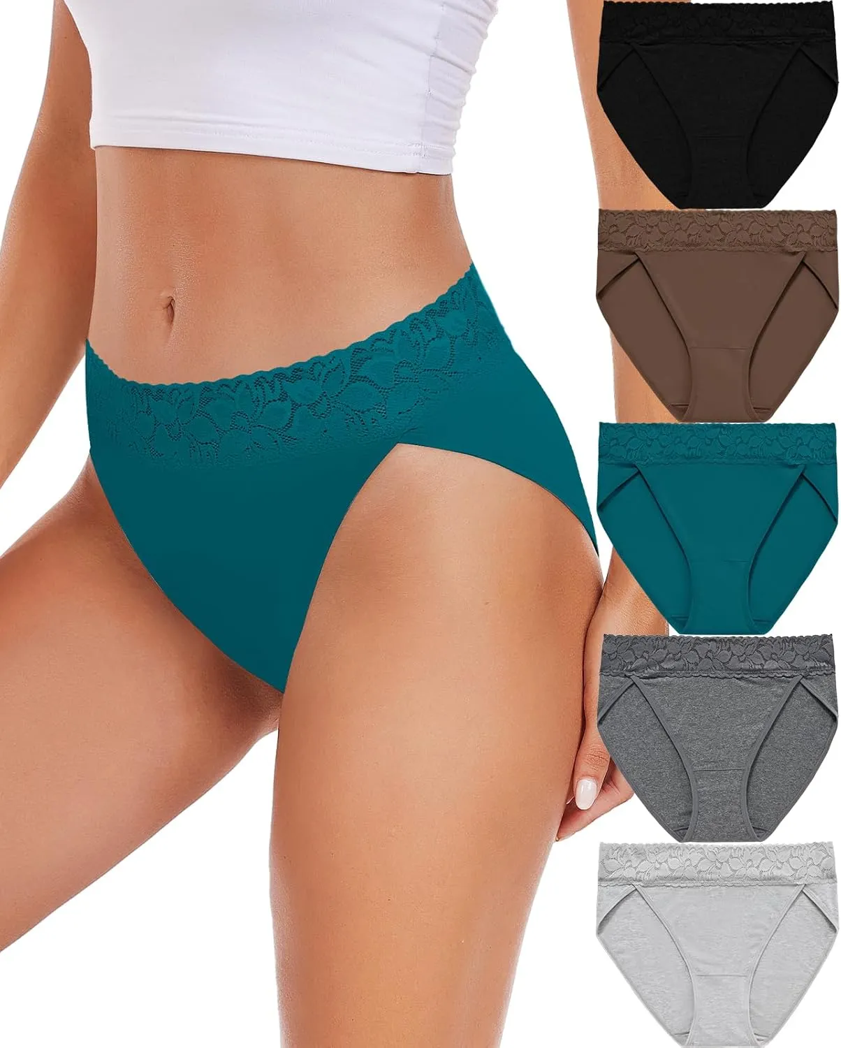 RHYFF Womens Underwear Cotton Bikini Panties High Cut Lace Panty Stretch Hipster Underpants Ladies Briefs S-XXL