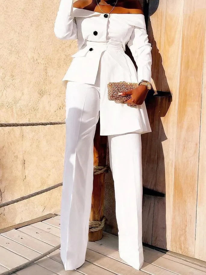 Sets Fashion One Word Collar Top & Pants Two Piece Set for Women